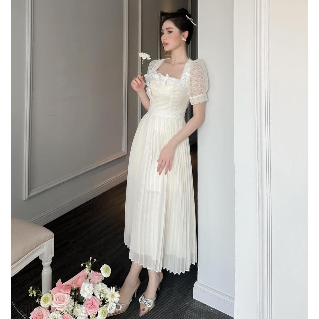 Đầm Thiết Kế MAY CH36 Chất Liệu Ren Phối Trượt Nhật Đính Hoa 3D - Đầm Dự Tiệc Sang Trọng Chuẩn MAY