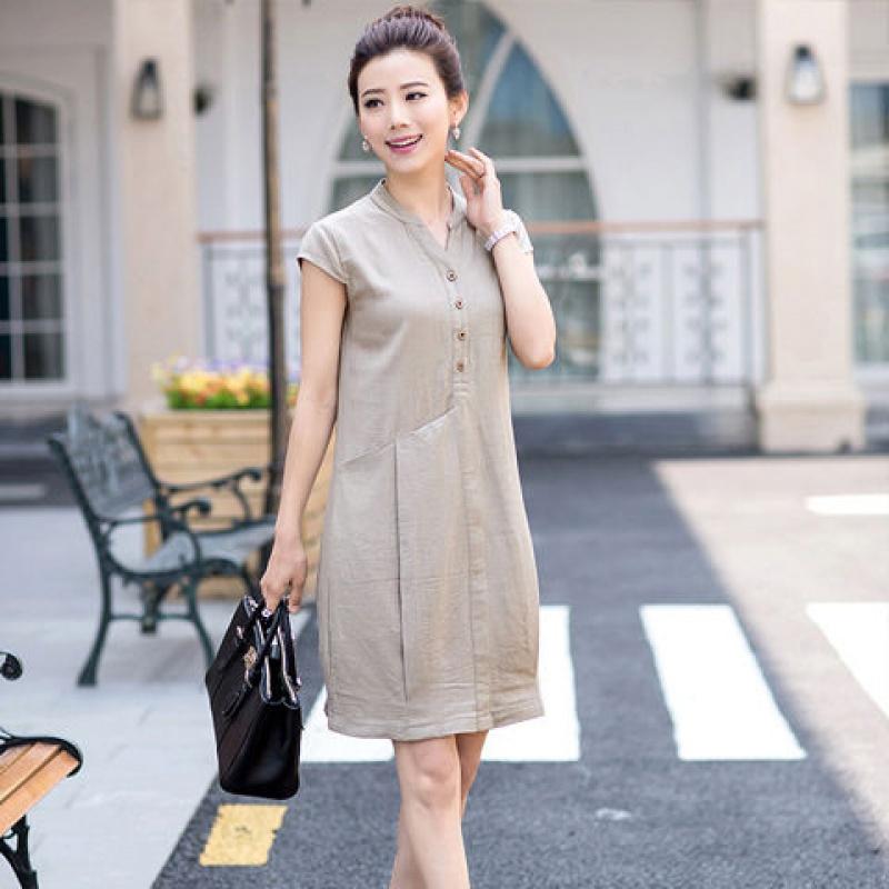 Đầm suông linen cổ tầu túi bên hông, chất liệu vải linen tự nhiên, thời trang phong cách Hàn
