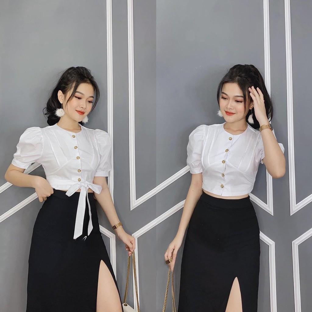 Áo sơ mi croptop nơ xinh