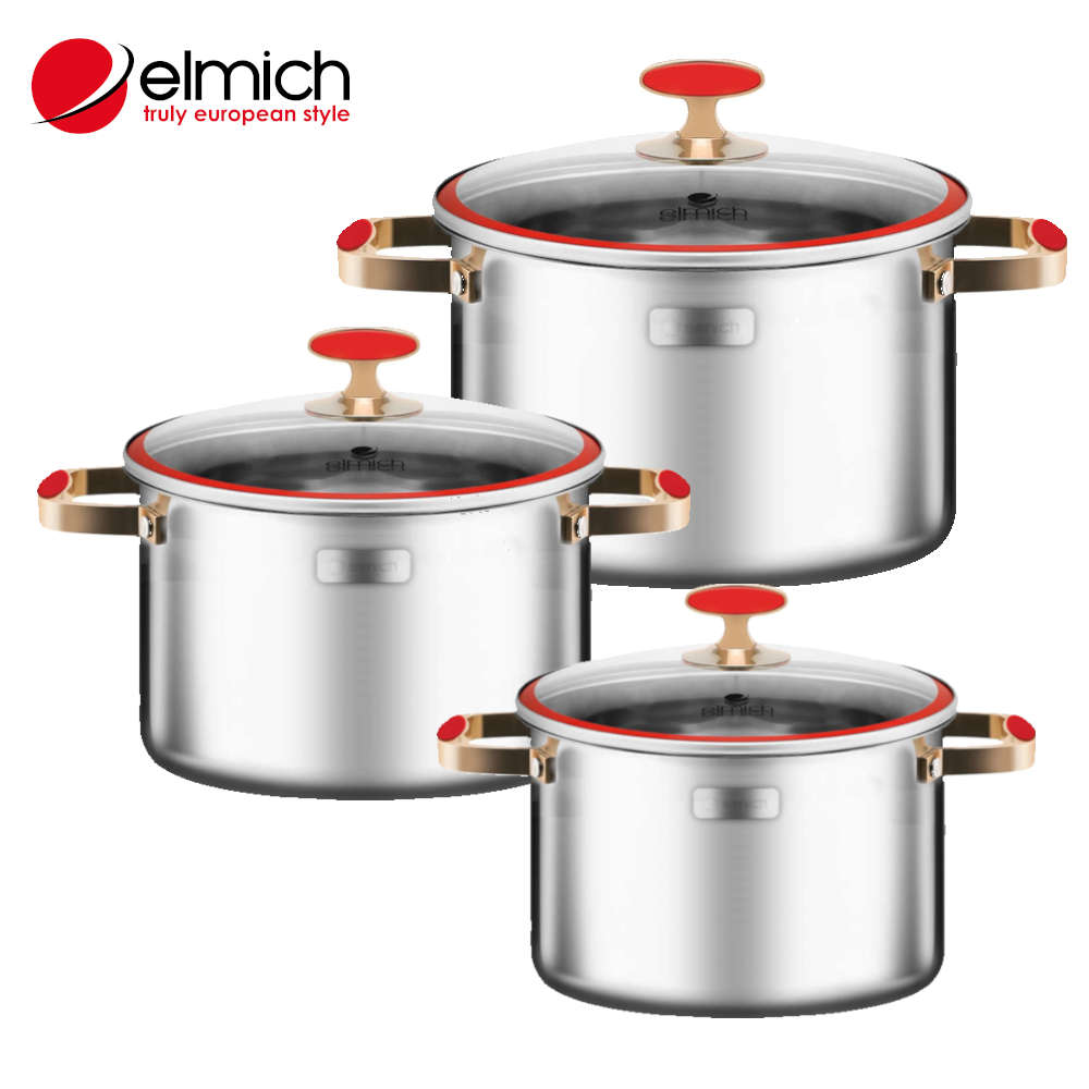 Hình ảnh Bộ 3 nồi Inox 304 đúc liền nguyên khối Elmich Trimax Red Velvet EL-2108MN