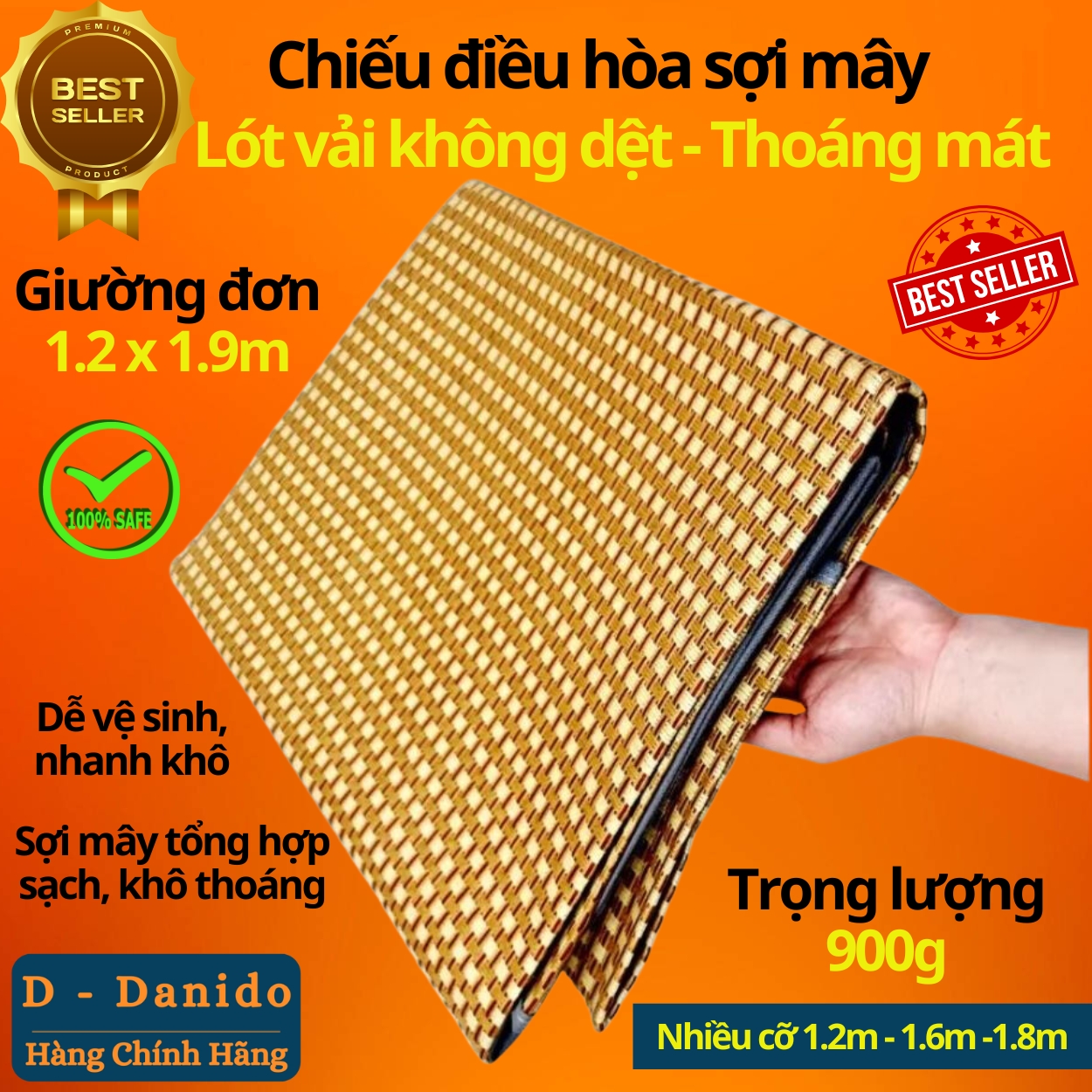 Chiếu điều hòa sợi mây tổng hợp lót vải không dệt cao cấp chọn cỡ 1m2 1m6 1m8 chính hãng