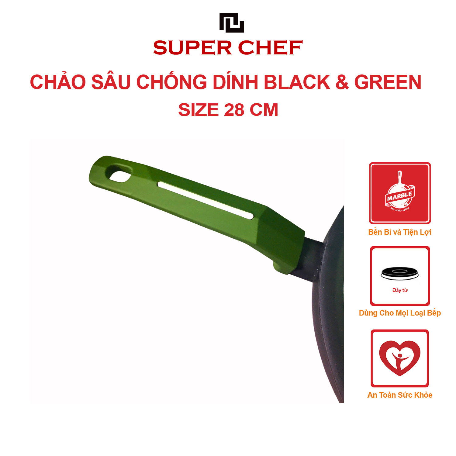 Chảo sâu nắp kính SUPER CHEF black &amp; green h.kim chống dính đáy từ, 28 cm