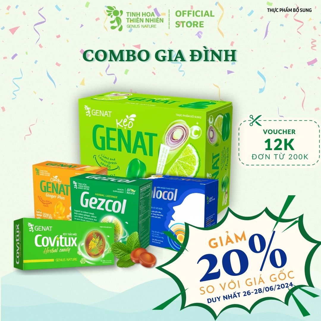 Combo Gia Đình - 5 sản phẩm kẹo Genat - Kẹo thảo mộc Covitux, Genat Gừng Plus, Genat chanh sả, viên ngậm Zalocol  và Gezcol hỗ trợ giảm ho, giảm đờm, đau rát họng