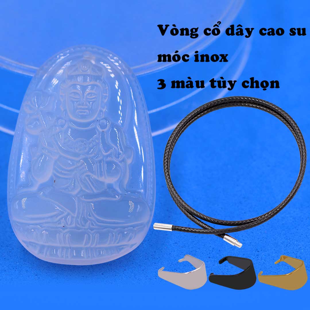 Mặt Phật Đại thế chí mã não trắng kèm vòng cổ dây cao su đen + móc inox trắng, mặt dây chuyền Phật bản mệnh, vòng cổ mặt Phật
