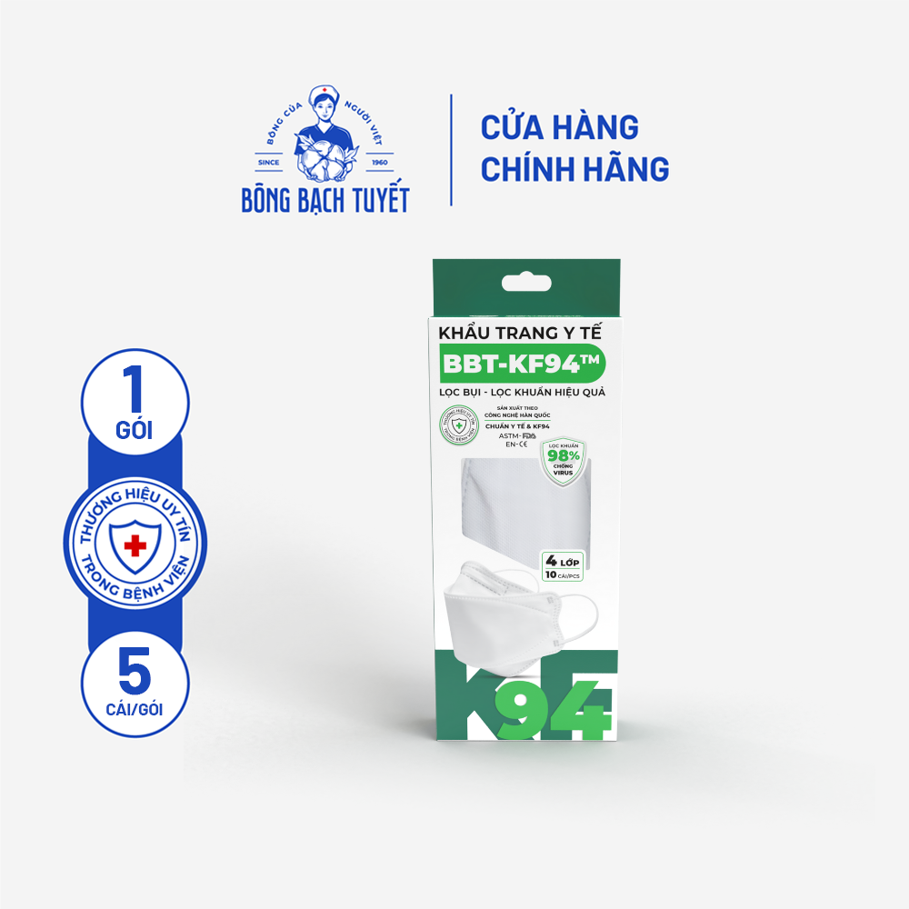 Combo 5 Hộp Khẩu trang Bông Bạch Tuyết KF94 4 lớp trắng (10 cái/hộp)