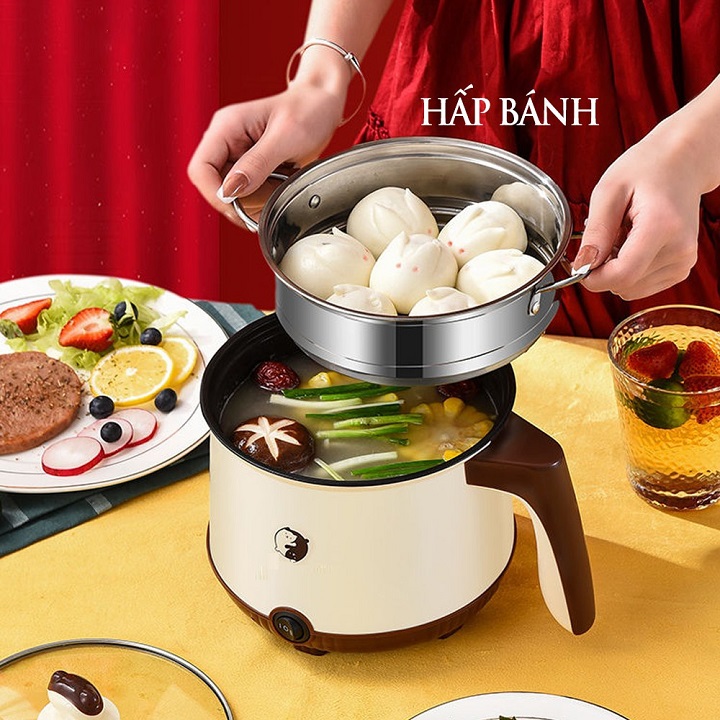Nồi lẩu điện mini đa năng 2 tầng chống dính kèm giá hấp Inox với 2 nấc nhiệt tiện lợi 18CM, nồi nấu đa năng cho sinh viên, hoc sinh