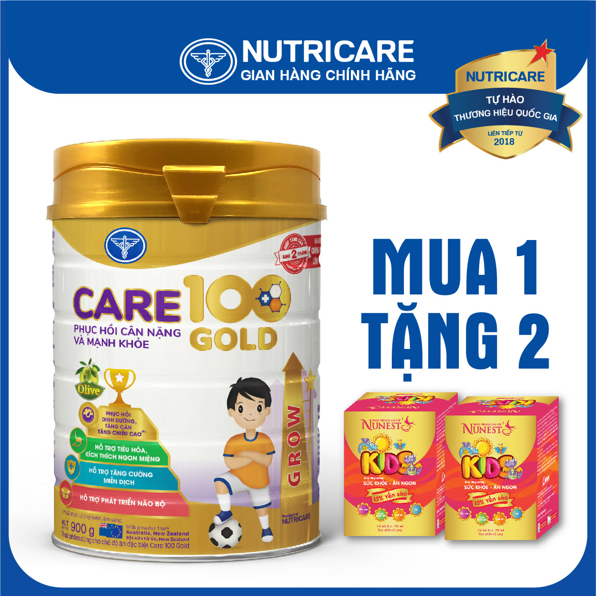 [Tặng 2 lọ yến] Sữa bột Nutricare Care 100 Gold cho trẻ biếng ăn, suy dinh dưỡng 900g