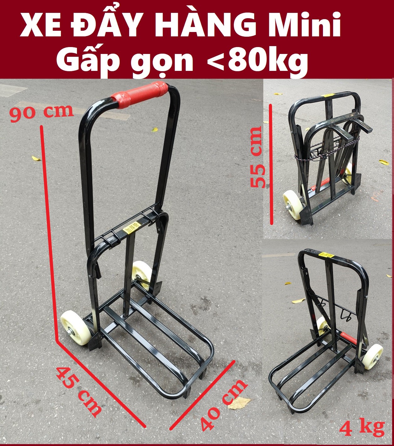 Xe đẩy hàng mini 2 bánh xếp gọn tải 80kg