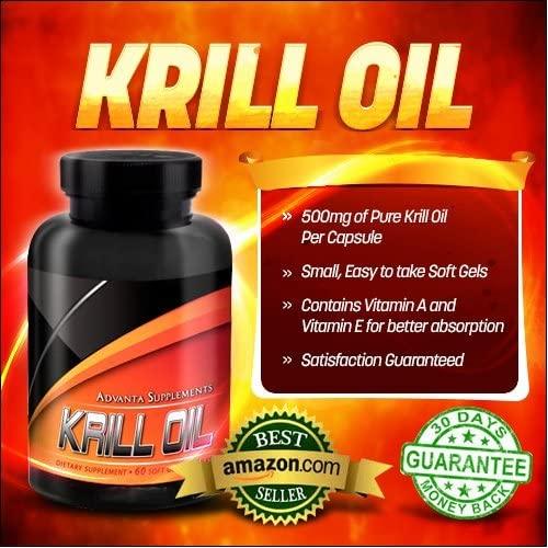 Krill Oil Capsules by Advanta Supplements | Control Cholesterol Level, Support Heart/Brain/Joint Health And Reduce Inflammation | 500mg Of Pure Krill Oil Per Capsule, 60 Soft Gel Capsules