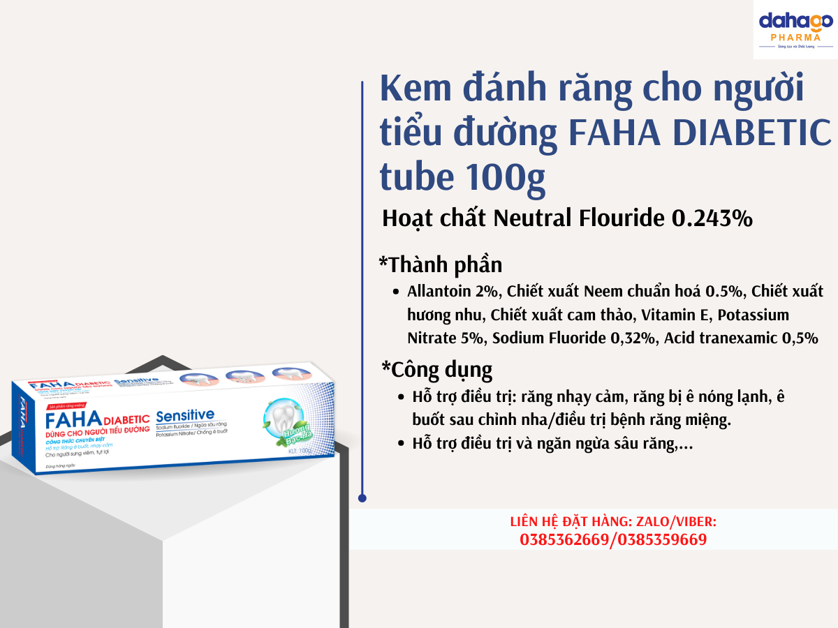 Kem đánh răng cho người Tiểu Đường FAHA DIABETIC TUBE 100G- Hoạt chất NEUTRAL FLOURIDE 0.243