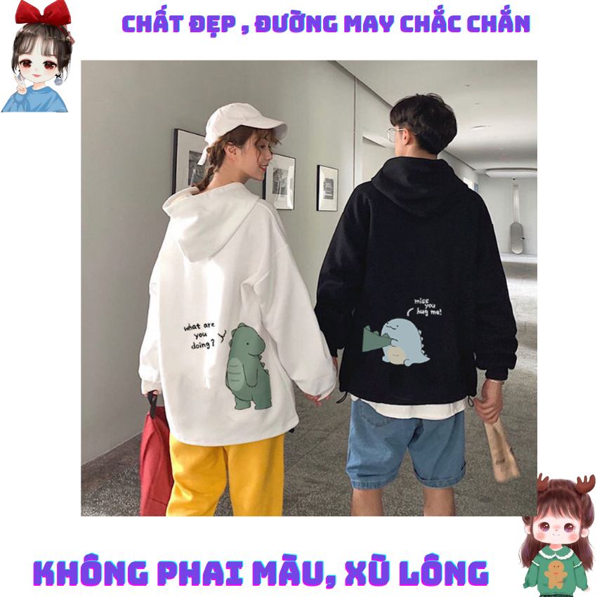 Đồ Đôi Nỉ Có Mũ MM18, Áo Đôi Nam Nữ In Khủng Long Cắn Đuôi ý Nghĩa, Vải Nỉ Bông In Hình Dễ Thương