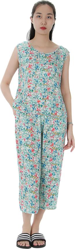 Bộ mặc nhà lanh  Vicci BST.086.8 vải chéo Hàn cao cấp quần ống sớ họa tiết hoa xanh to