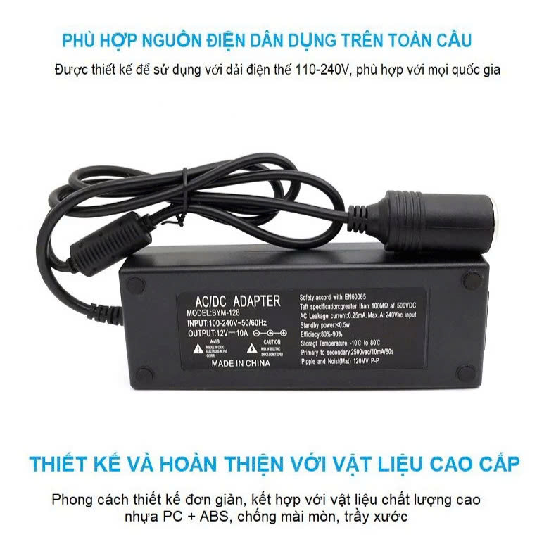 Bộ Đổi Nguồn 220V Sang 12V - 10A Có Tẩu Cắm – Dùng Cho Máy Bơm Lốp, Hút Bụi, Quạt 12V