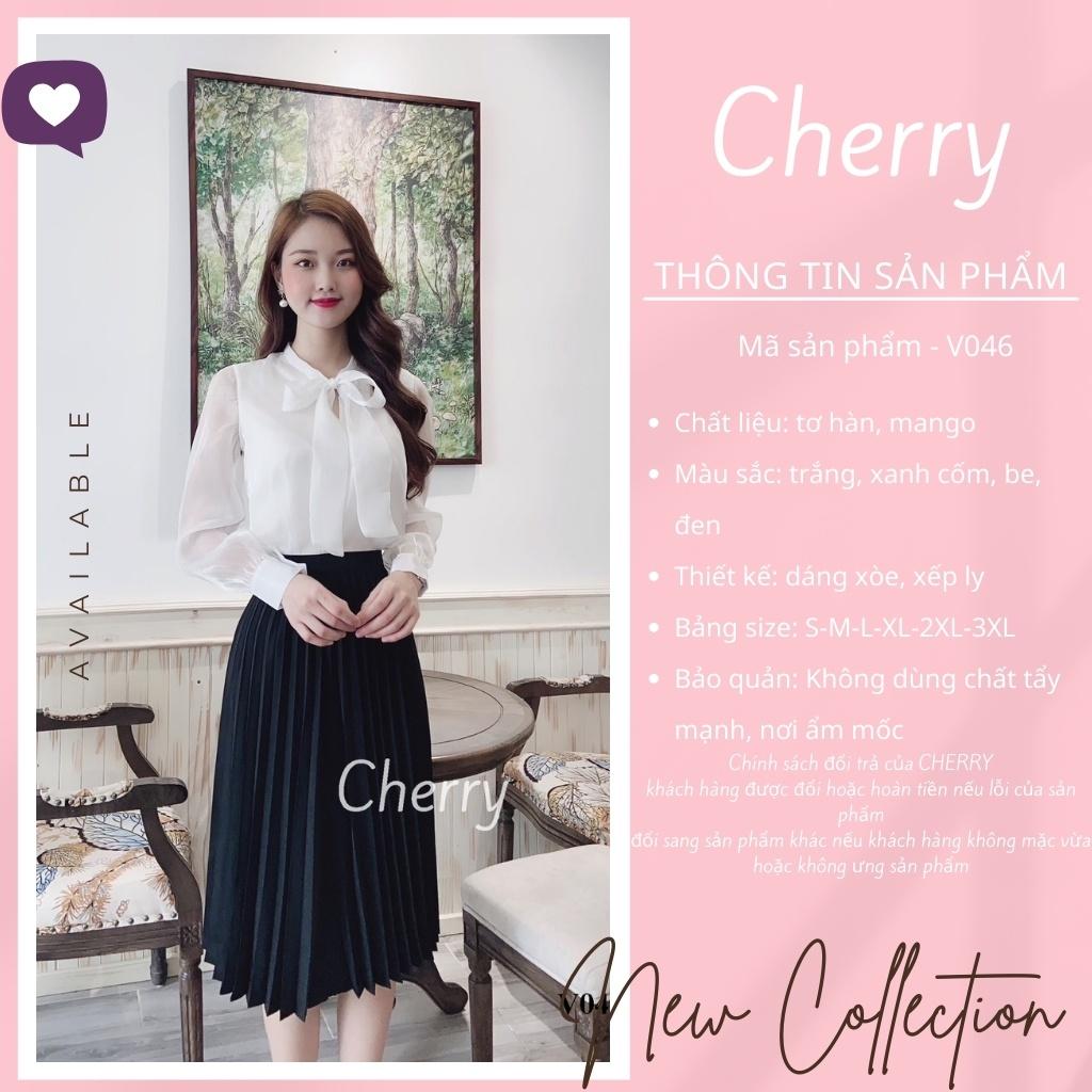 Áo sơ mi nữ cổ có nơ Cherry dài tay dáng rộng chất tơ hàn cao cấp thời trang Hàn Quốc V046