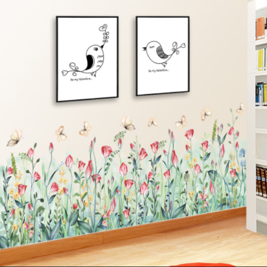 Decal trang trí tường - Chân tường hoa lá hồng