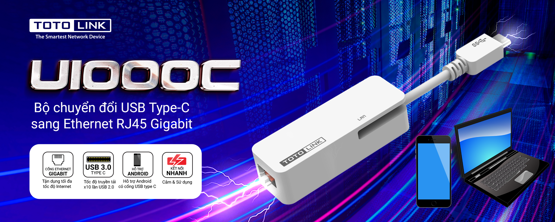 U1000C - Bộ chuyển đổi USB Type-C sang Ethernet RJ45 Gigabit Hàng chính hãng Totolink.
