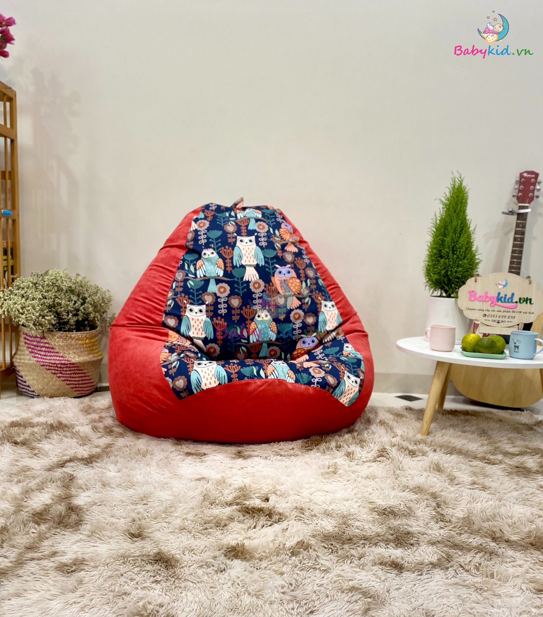 Ghế xốp dáng lê size L 90x120cm hoạ tiết cú mèo mix DA LỘN nhiều màu - có sẵn xốp