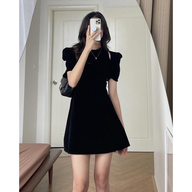 Đầm váy nhung đỏ tay bồng xẻ vai tiểu thư