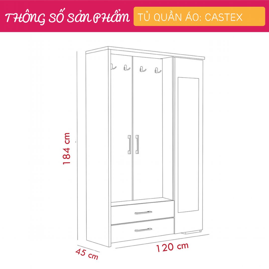 Tủ quần áo gỗ hiện đại SMLIFE Castex | Gỗ MDF dày 17mm chống ẩm | D120xR45xC184cm