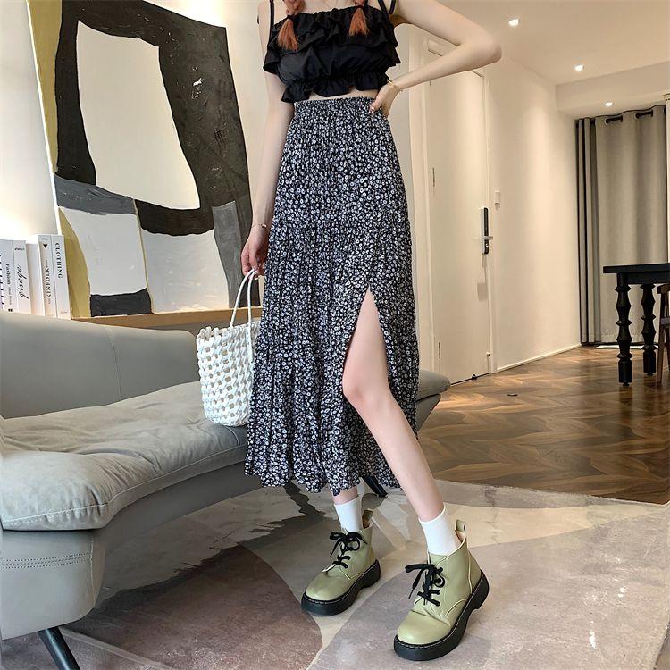 DONGSHOP Cao cấp hoa xẻ tà nửa người váy mùa xuân và mùa hè 2023 Vintage thả cảm thấy gầy váy xếp li một chữ dài váy