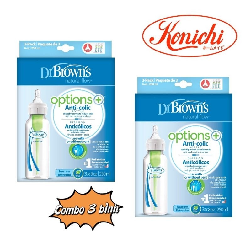 Combo 3 Bình sữa Dr.Brown's cổ thường tùy chọn 250ml nhựa PP