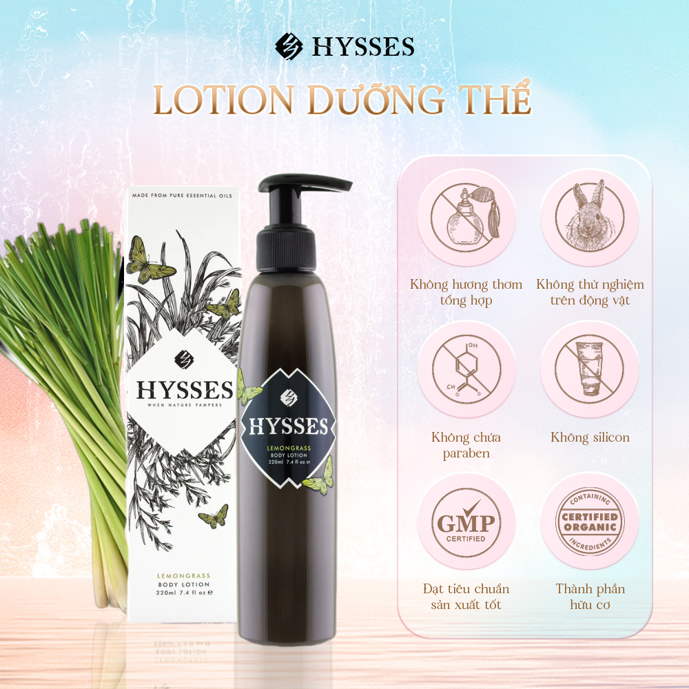 Sữa Dưỡng Thể Cao Cấp Hysses Body Lotion Thanh Lọc, Làm Sáng Da, Cho Da Săn Chắc, Kết Cấu Mỏng Nhẹ Phù Hợp Với Da Dầu Với Tinh Dầu Sả Chanh Hữu Cơ Tự Nhiên