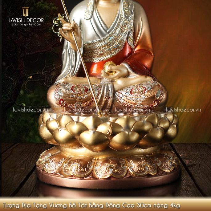 Tượng Địa Tạng Vương Bồ Tát Bằng Đồng Men Dát Vàng Sơn Bạc Ấn Bảo 30x18x18cm nặng 4kg