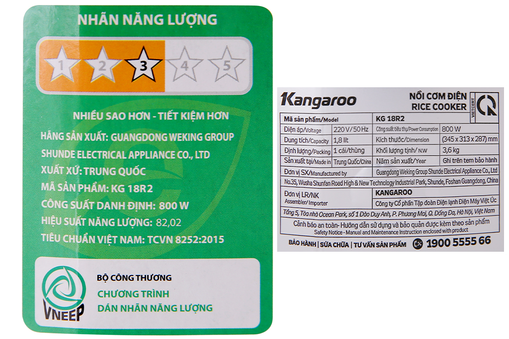 Nồi cơm điện Kangaroo 1.8L loại cơ model KG18R2