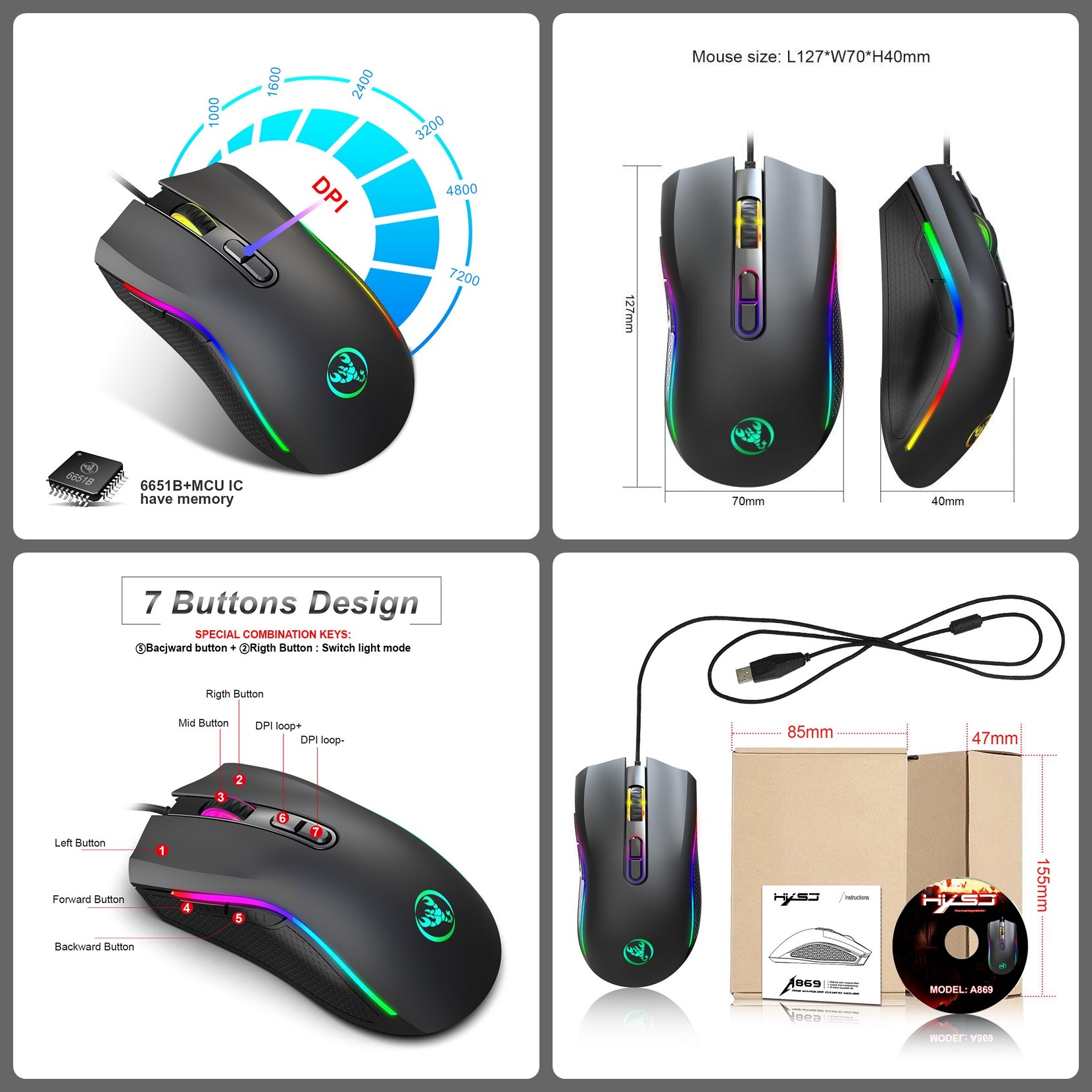 Chuột LED RGB 7200 DPI Gaming Mouse A869 cho máy tính