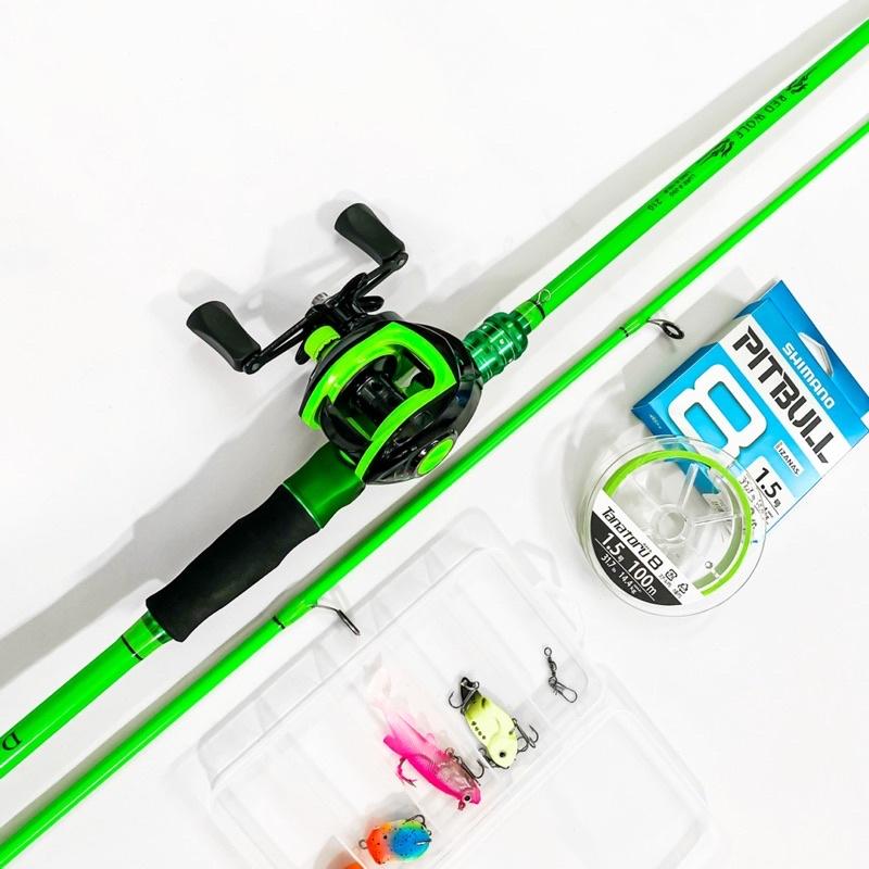 Bộ cần câu lure ngang carbon Red Wolf xanh lá máy câu ngang Xanh lá tặng bộ mồi câu và dây pe