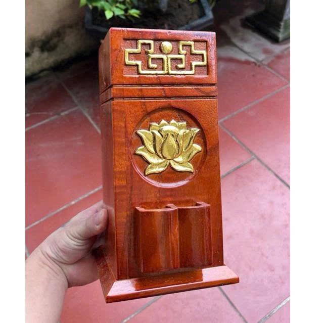 Ống đựng nhang bằng gỗ Hoa Sen Dát Vàng có khe để hộp quẹt bật lửa siêu tiện lợi