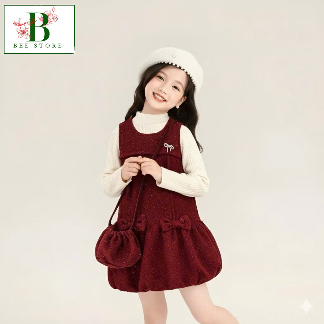 Set Đầm Nhung Đính Đá Bé Gái &amp; Túi Đeo Tone Đỏ Từ 12-33kg Dành Cho Bé Gái