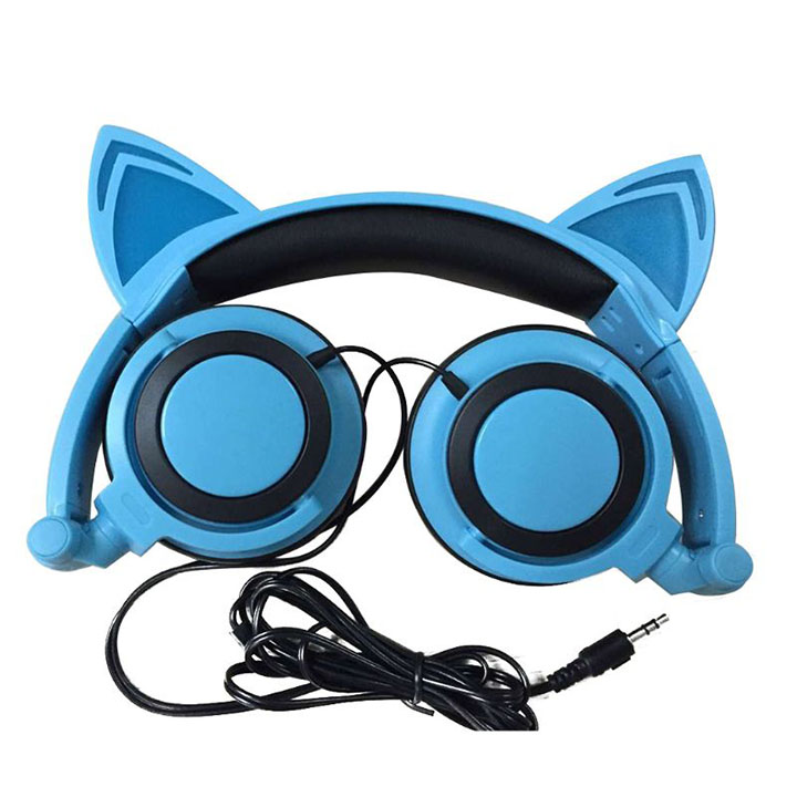 Tai nghe chụp tai có dây- Tai nghe mèo có đèn LED dễ thương Hewolf hỗ trợ đàm thoại, nghe nhạc, chơi game hàng chính hãng
