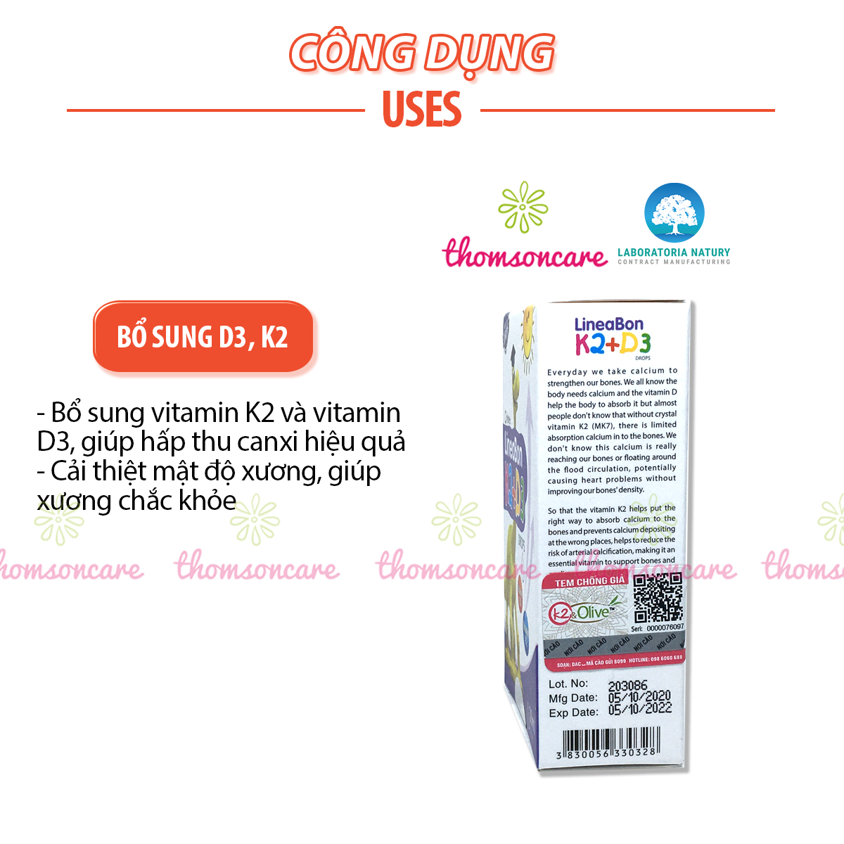 Lineabon bổ sung K2 và vitamin D3 - Có tem tích điểm đổi quà, giúp hấp thụ canxi, giảm còi xương, tăng chiều cao cho bé