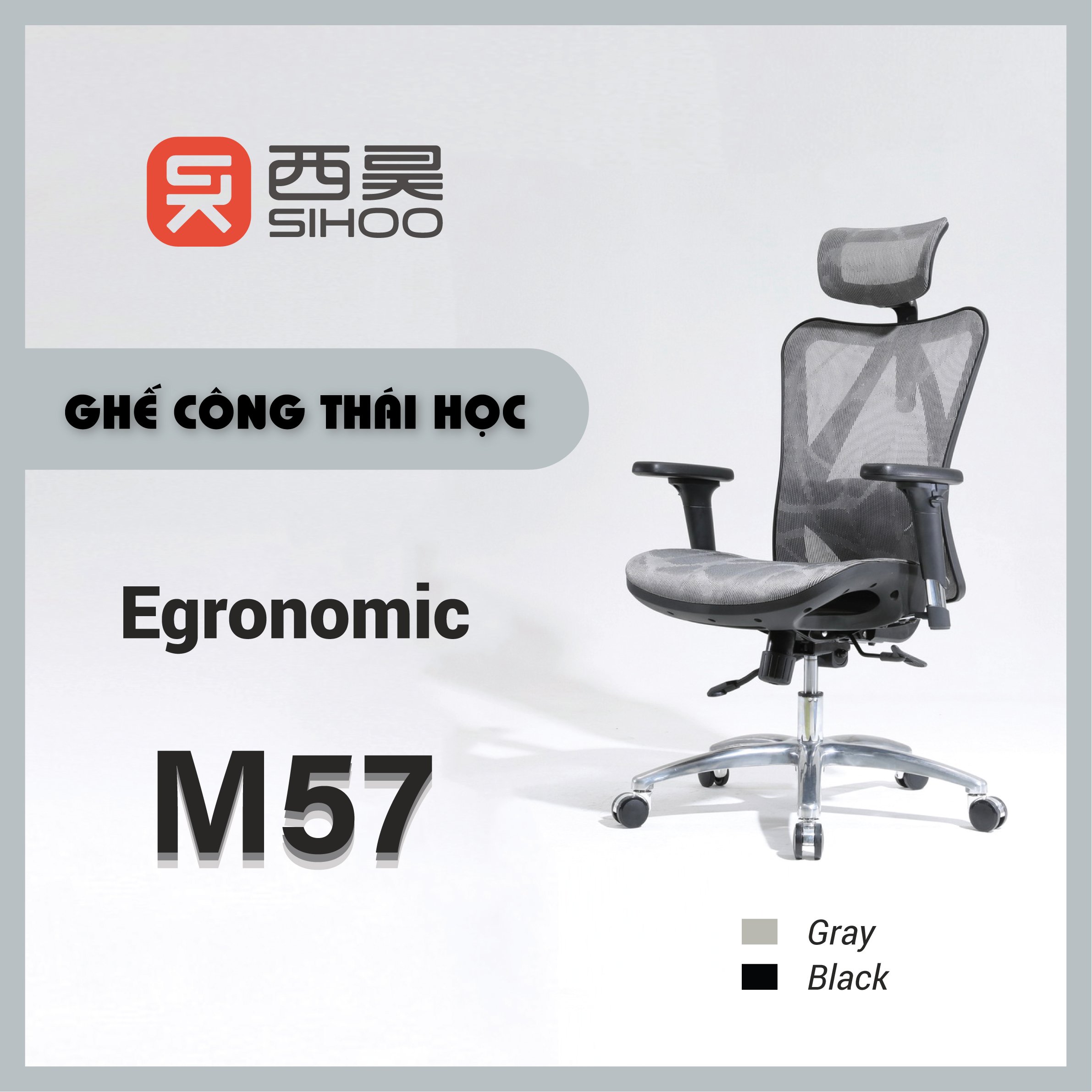 SIHOO M57 - Ghế xoay văn phòng công thái học Ergonomic, Full lưới thoáng khí, Điều chỉnh thắt lưng bảo vệ cột sống