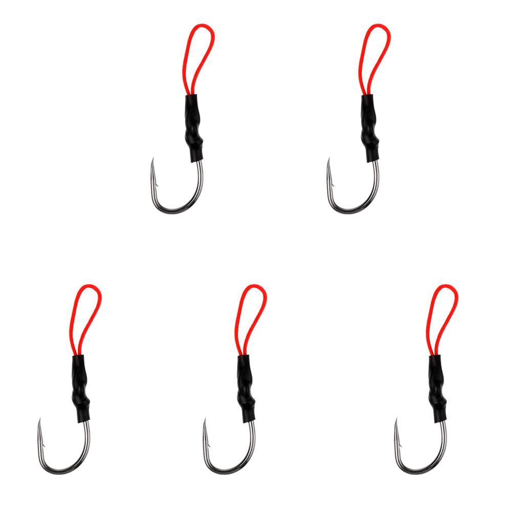 5 Pieces/Pack Fishing Assist Hooks - Barbed Jigging Assist Hooks Stainless Steel Assist Fishing Hooks Fishhooks with Red PE Line