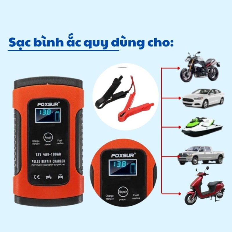 Máy Sạc Bình Ắc Quy 12V FOXSUR 4 - 100Ah, Có Khử Sunfat Phục Hồi Bình Ắc Quy