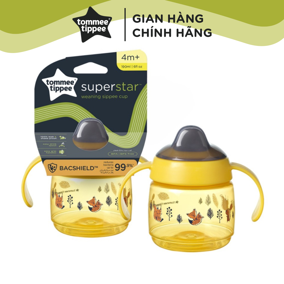Bình tập uống nước có vòi mút kháng khuẩn chống tràn, chống sặc cho bé Tommee Tippee SuperStar, 190ml – Vàng