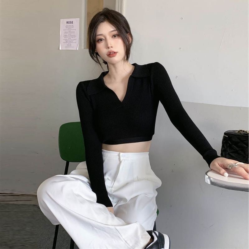 Áo Thun Cổ Bẻ V Dài Tay Dáng Croptop Buộc Nơ Sau