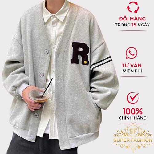 Áo Khoác Cadigan Fashion Nam Chất Nỉ Mềm Kiểu Dáng Bomber Nút Cài To, Form Đẹp Họa Tiết Chữ R Hot Trend