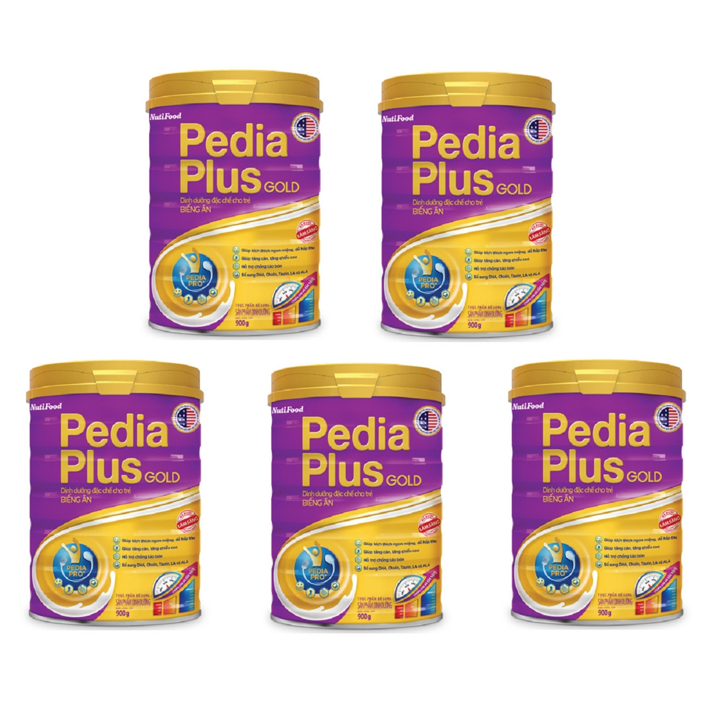 Bộ 5 Lon Sữa bột Nutifood Pedia plus Gold 900Gr – DD đặc chế cho trẻ biếng ăn từ 12 tháng tuổi