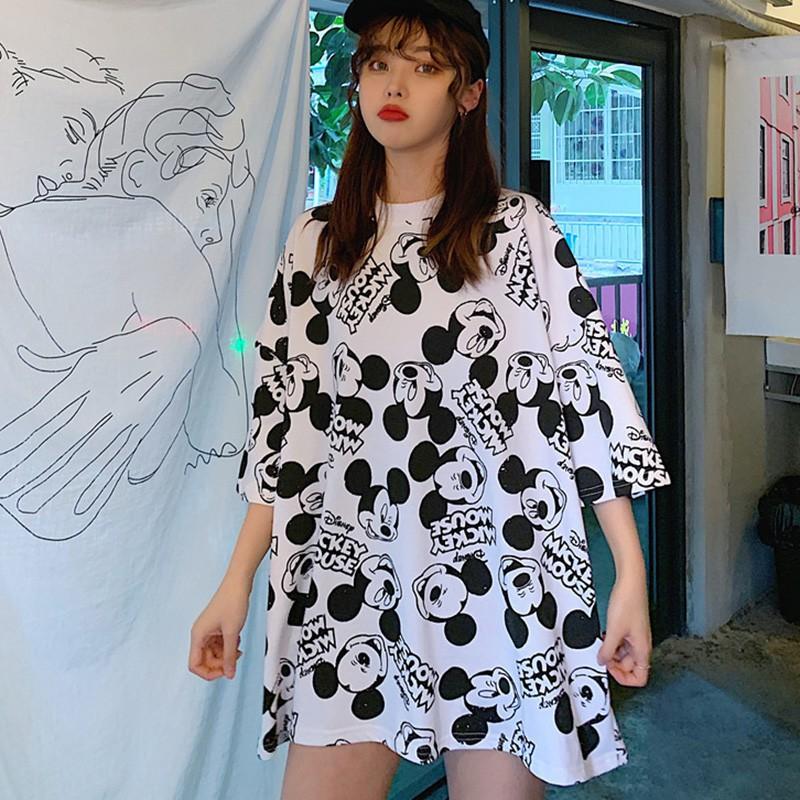Áo thun tay ngắn cổ tròn dáng rộng in họa tiết hoạt hình đáng yêu cho nữ