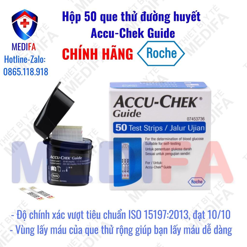 Hộp 50 que thử đường huyết Accu-Chek Guide chính hãng Roche, có tem nhập khẩu và nhãn phụ Tiếng Việt