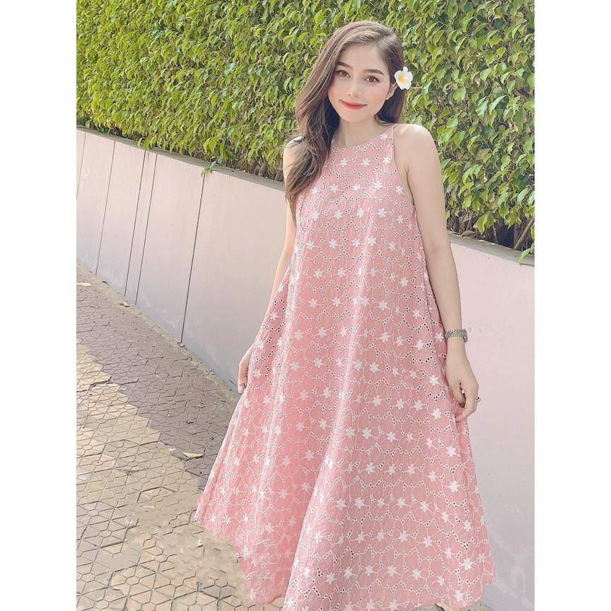 Đầm hồng dáng suông form rộng vải kate thêu hoa Cao Cấp hàng loại 1 vải đẹp, sát nách cổ tròn - MiNhi Fashion