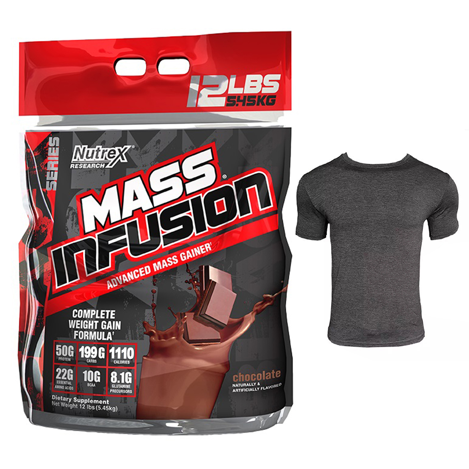 Combo Sữa tăng cân tăng cơ Mass Infusion của Nutrex hương Chocolate bịch lớn 5.45 kg hỗ trợ tăng cân, tăng cơ cho người gầy kén ăn, khó hấp thụ thức ăn tự nhiên & Áo Gym Đen size S (47kg-57kg)