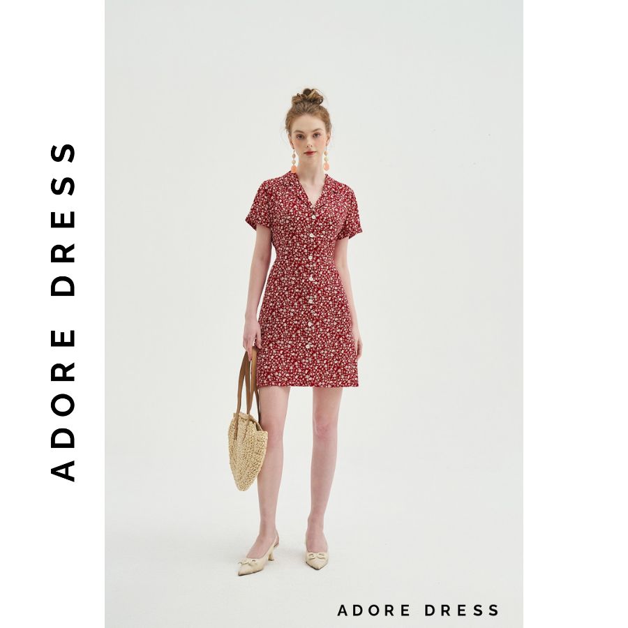 Đầm Mini dresses casual style lụa hoa nhí đỏ khuy bọc 311DR1034 ADORE DRESS