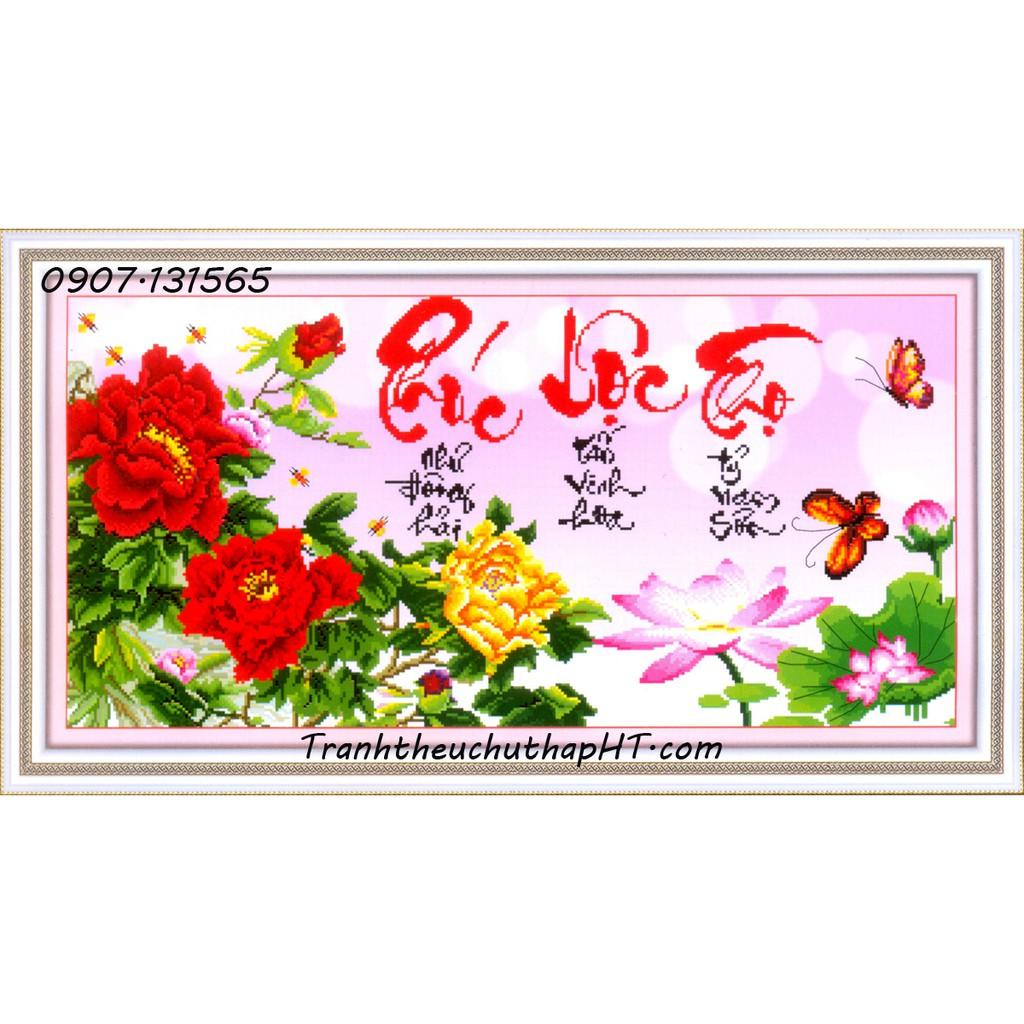 Tranh thêu chữ thập Phúc lộc thọ hoa mẫu đơn 222926 - tự thêu