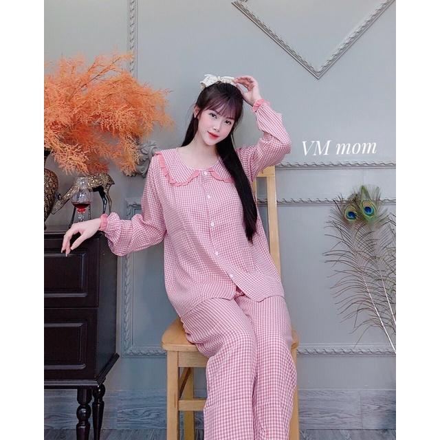 Bộ đồ bầu và sau sinh kẻ cổ ren chất đẹp, có khóa kéo cho bé ti BD194