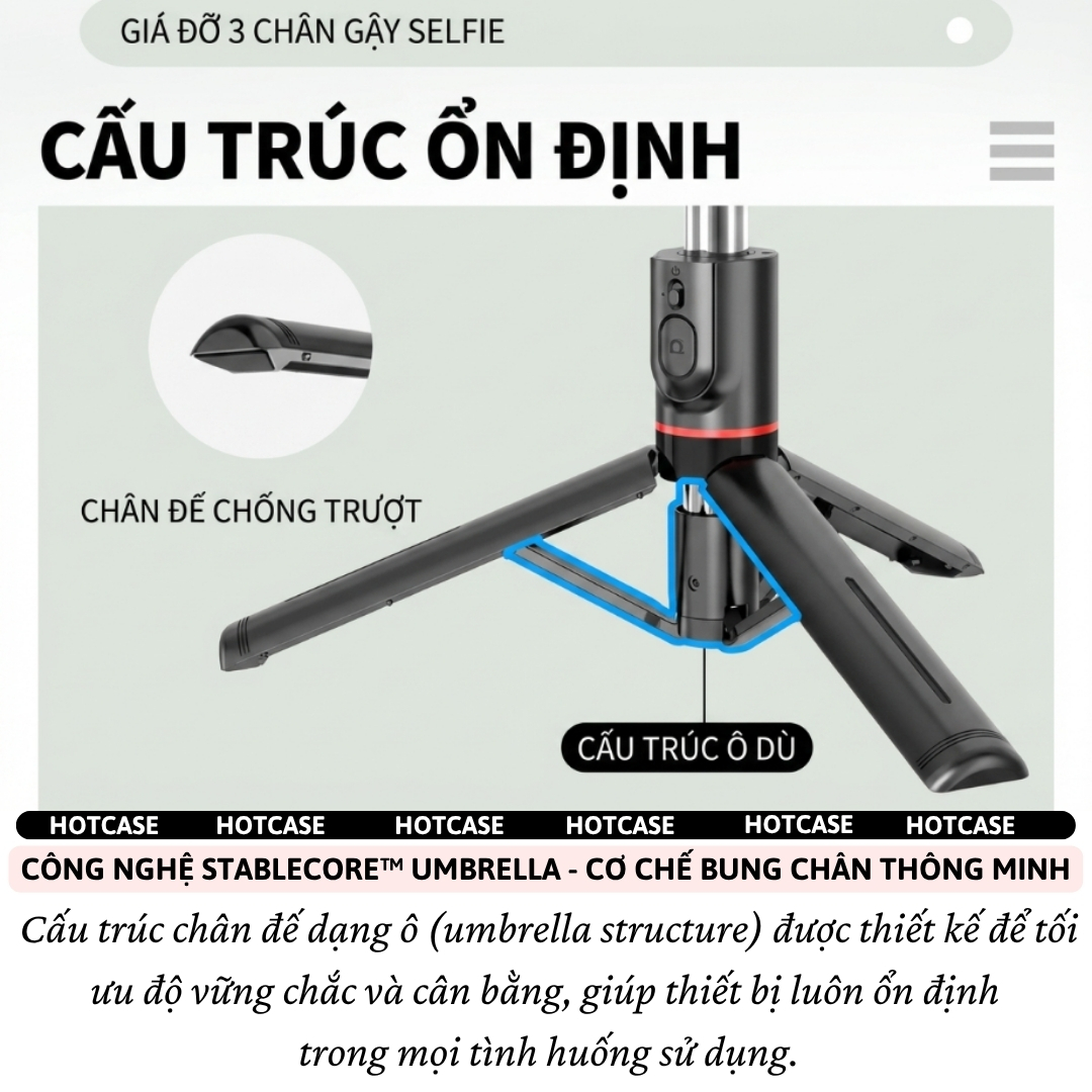Gậy chụp hình selfie tripod 3 chân bluetooth không dây Xoay 360 độ HOTCASE I12 cho iPhone 17 16 15 14, samsung, oppo, vivo - Gập Gọn 3in1, Chống Rung Cực Đỉnh, Xoay 360°, Cao 1130mm - Hàng nhập khẩu