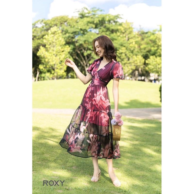 Đầm Maxi Đi Biển Hoa Ly Cổ Tim Tay Phồng Hồng Phối Lưới Đen